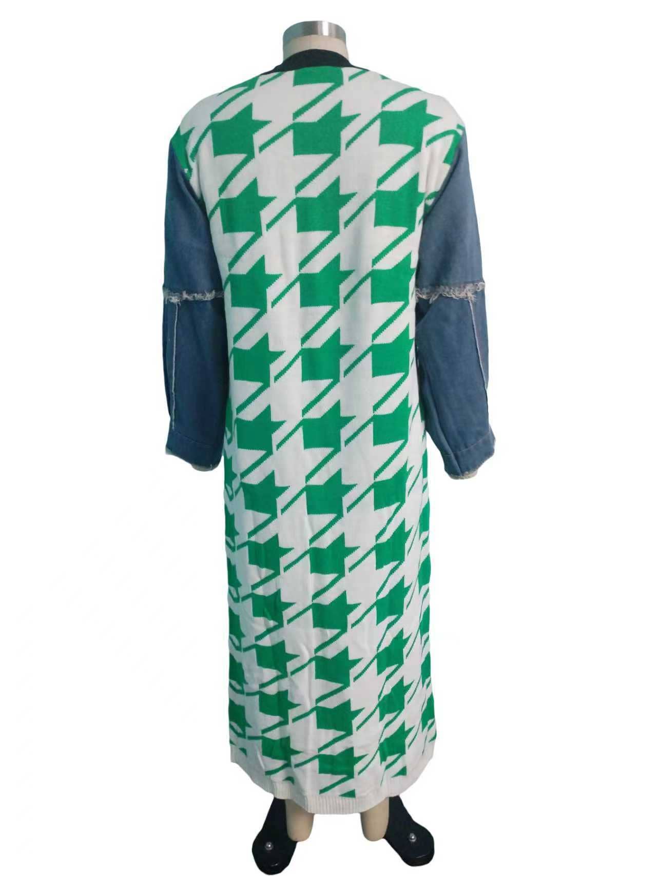 Houndstooth Pattern Denim Sleeve Spliced Long Cardigan