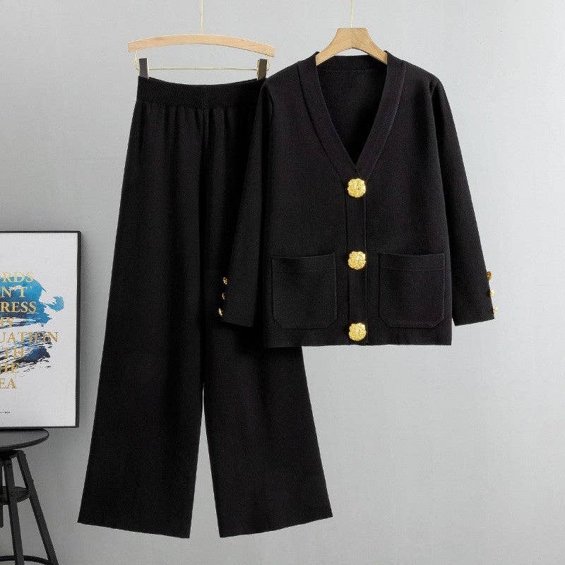 Solid Color Knit Cardigan And Wide Leg Pants Set