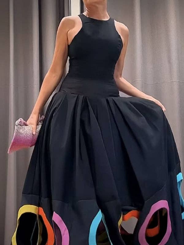 Sleeveless Hollow Pleated Split-Joint Round-Neck Maxi Dresses