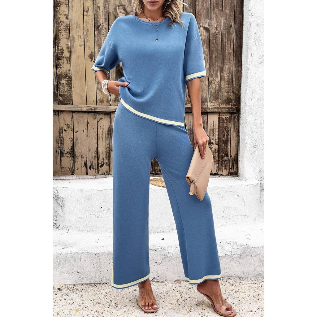 Two Pieces Outfits Knit Short Sleeve Wide Leg Lounge Sets