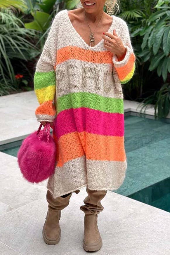 Peace Pattern Color Blocks Knit Midi Sweater Dress
