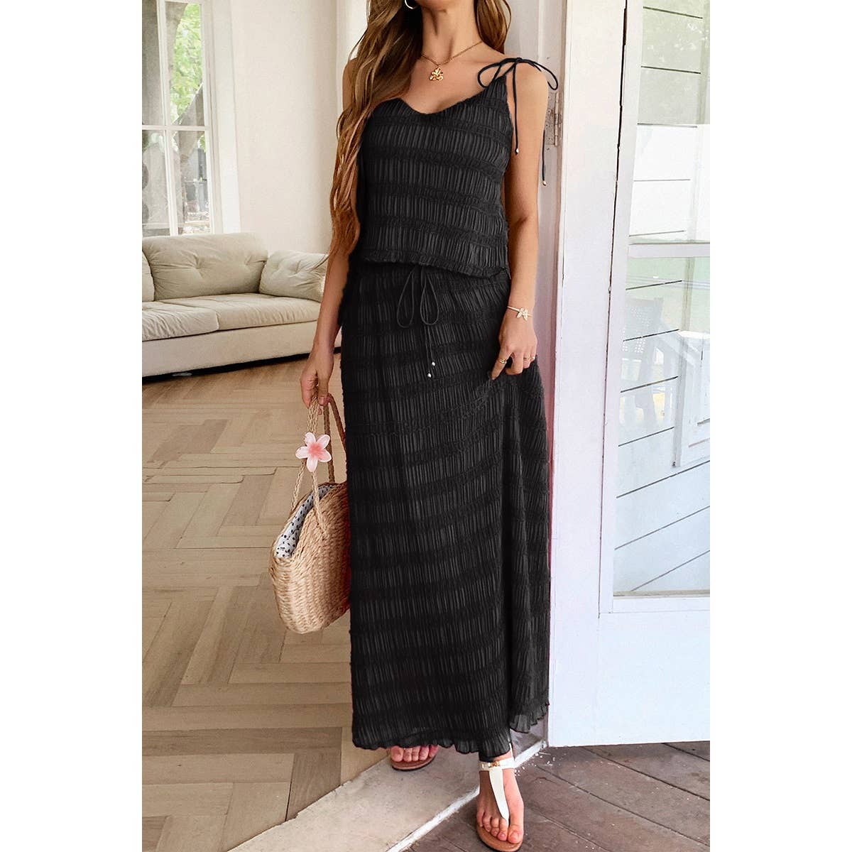 Solid Two Piece Strappy Maxi Skirt Crop Top Set