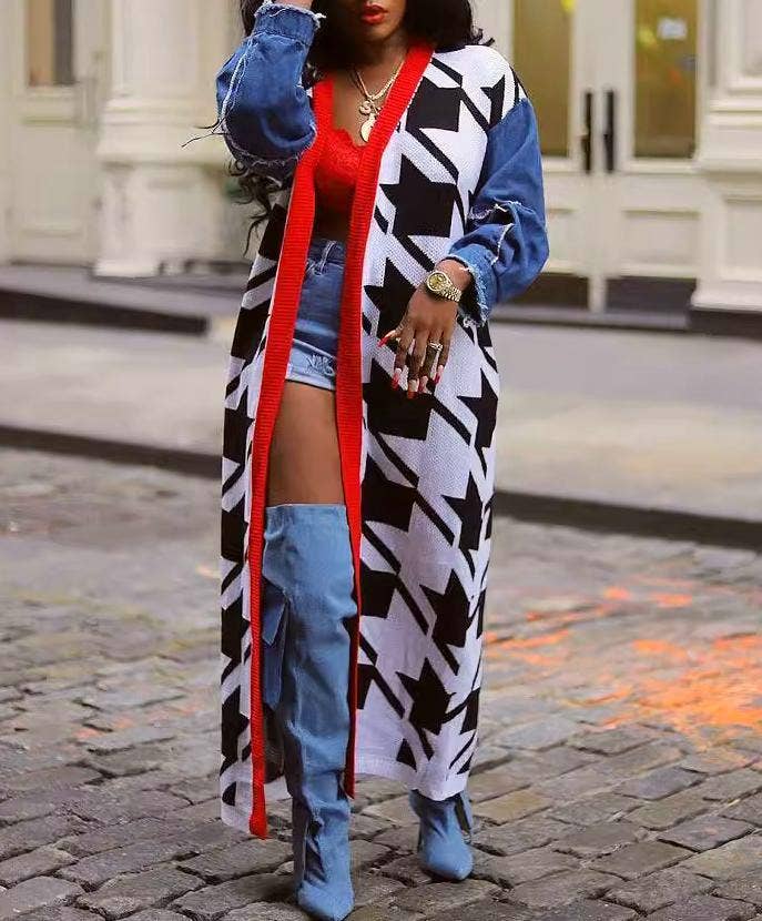 Houndstooth Pattern Denim Sleeve Spliced Long Cardigan