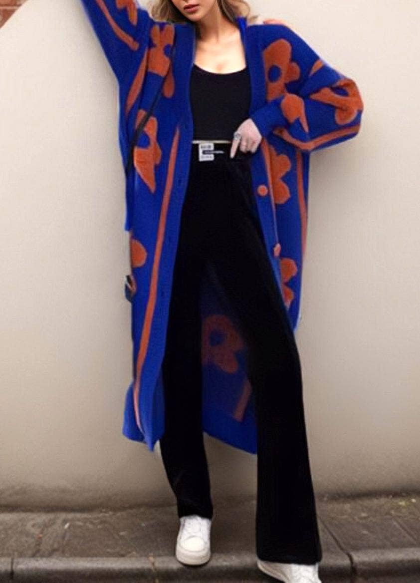 Flower jacquard long knit cardigan coat