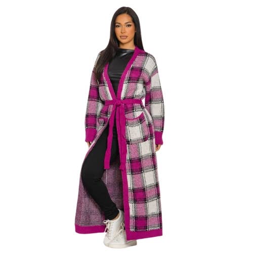 PLAID KNIT CARDIGAN BELTED