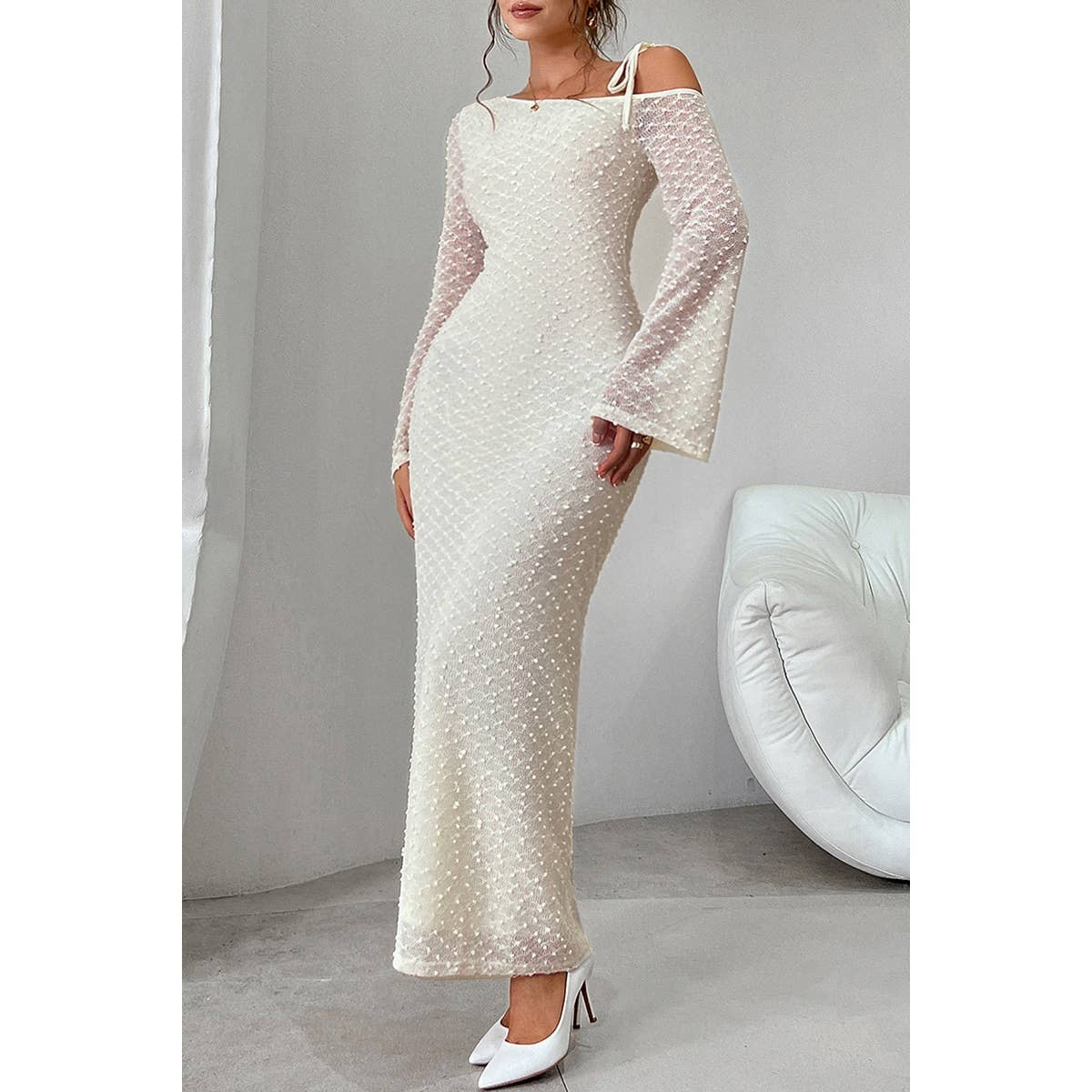 Solid Off Shoulder Bodycon Long Sleeve Dress