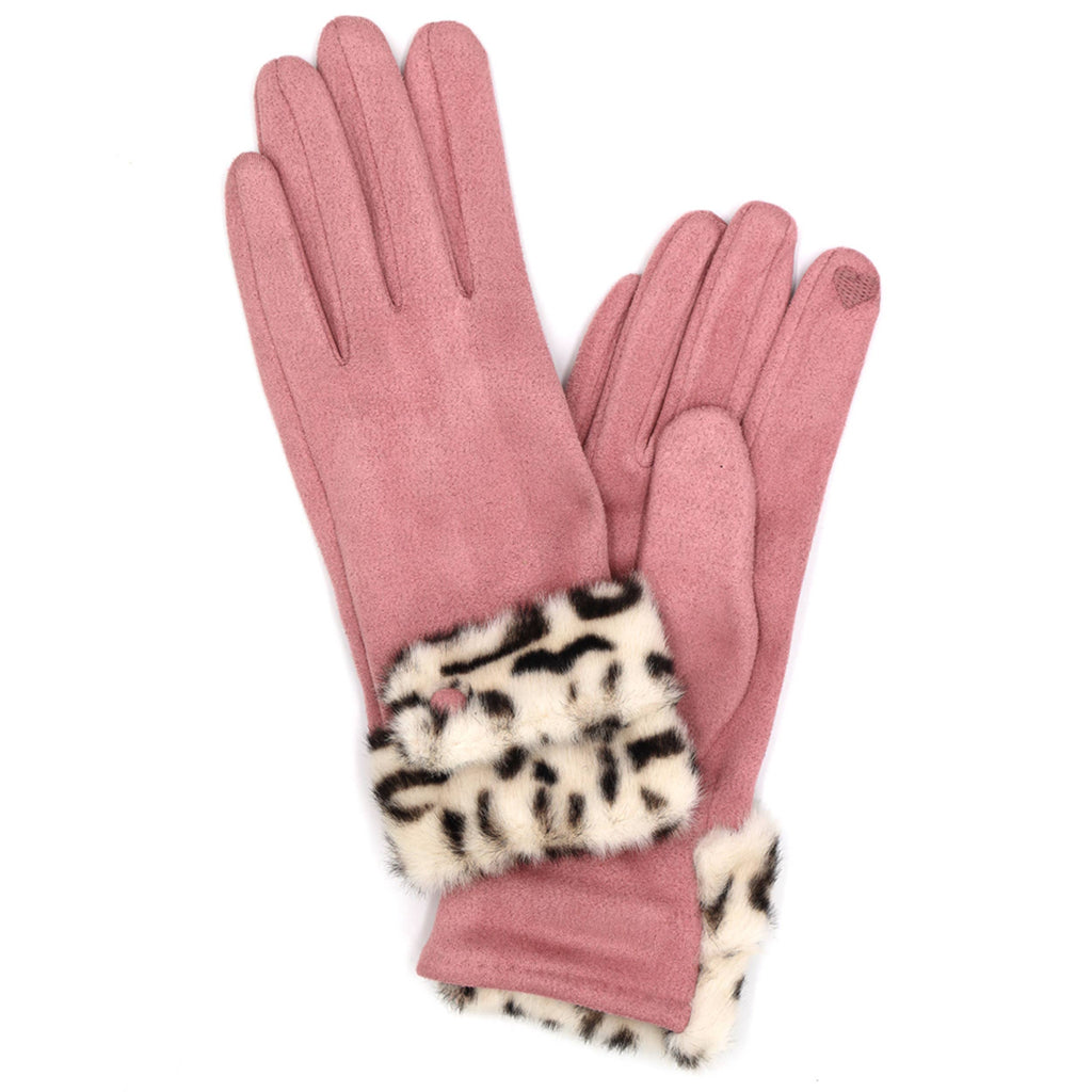 Leopard Faux Fur Cuff Smart Touch Winter Gloves