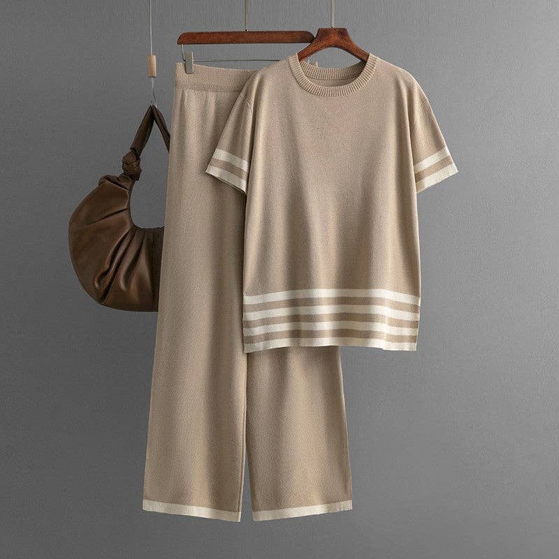 Knitted Color Block Striped Split Hem Two Piece Set