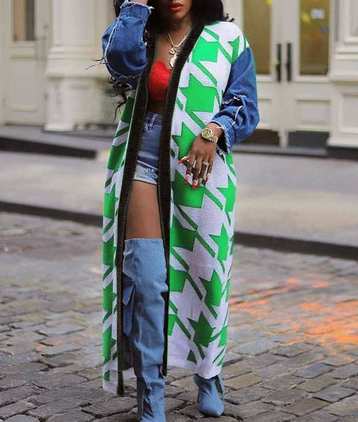 Houndstooth Pattern Denim Sleeve Spliced Long Cardigan