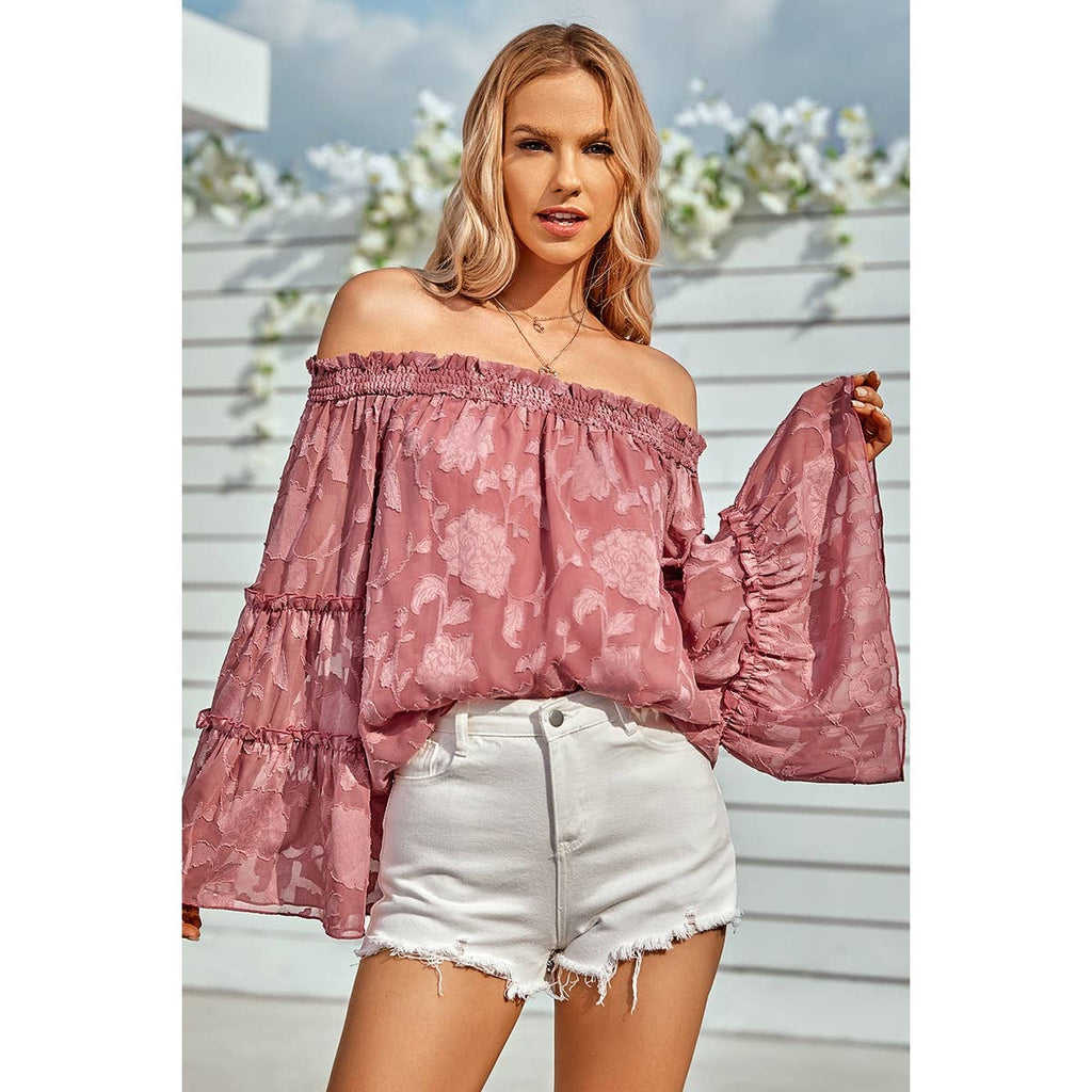 Solid Off Shoulder Flared Sleeve Flowy Blouse