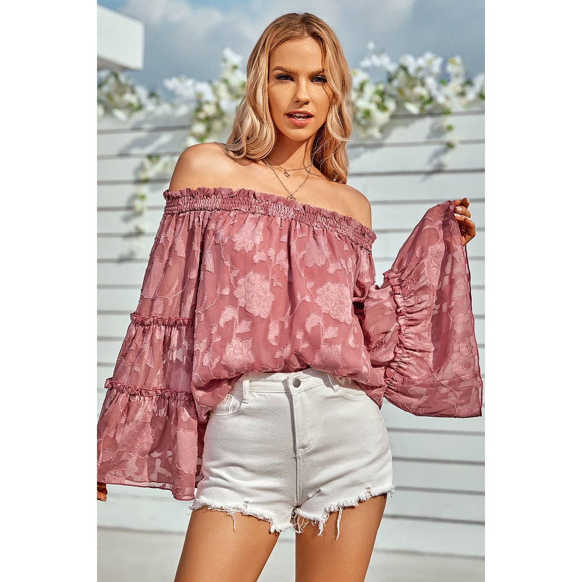 Solid Off Shoulder Flared Sleeve Flowy Blouse