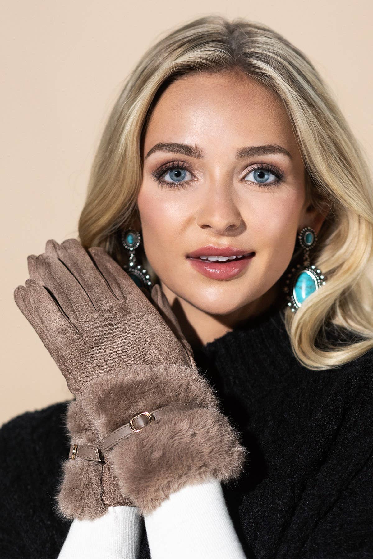 Faux Fur Smart Touch Gloves with Strap Cuff