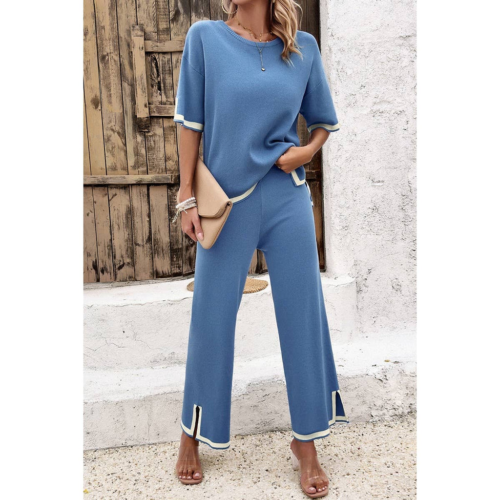 Two Pieces Outfits Knit Short Sleeve Wide Leg Lounge Sets
