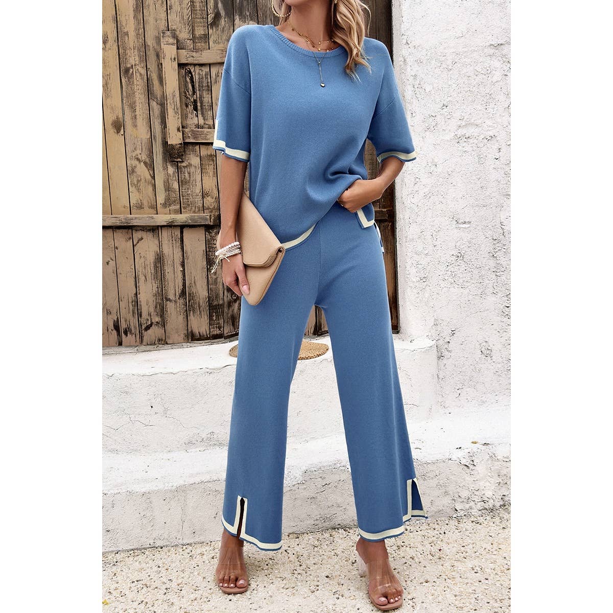 Two Pieces Outfits Knit Short Sleeve Wide Leg Lounge Sets