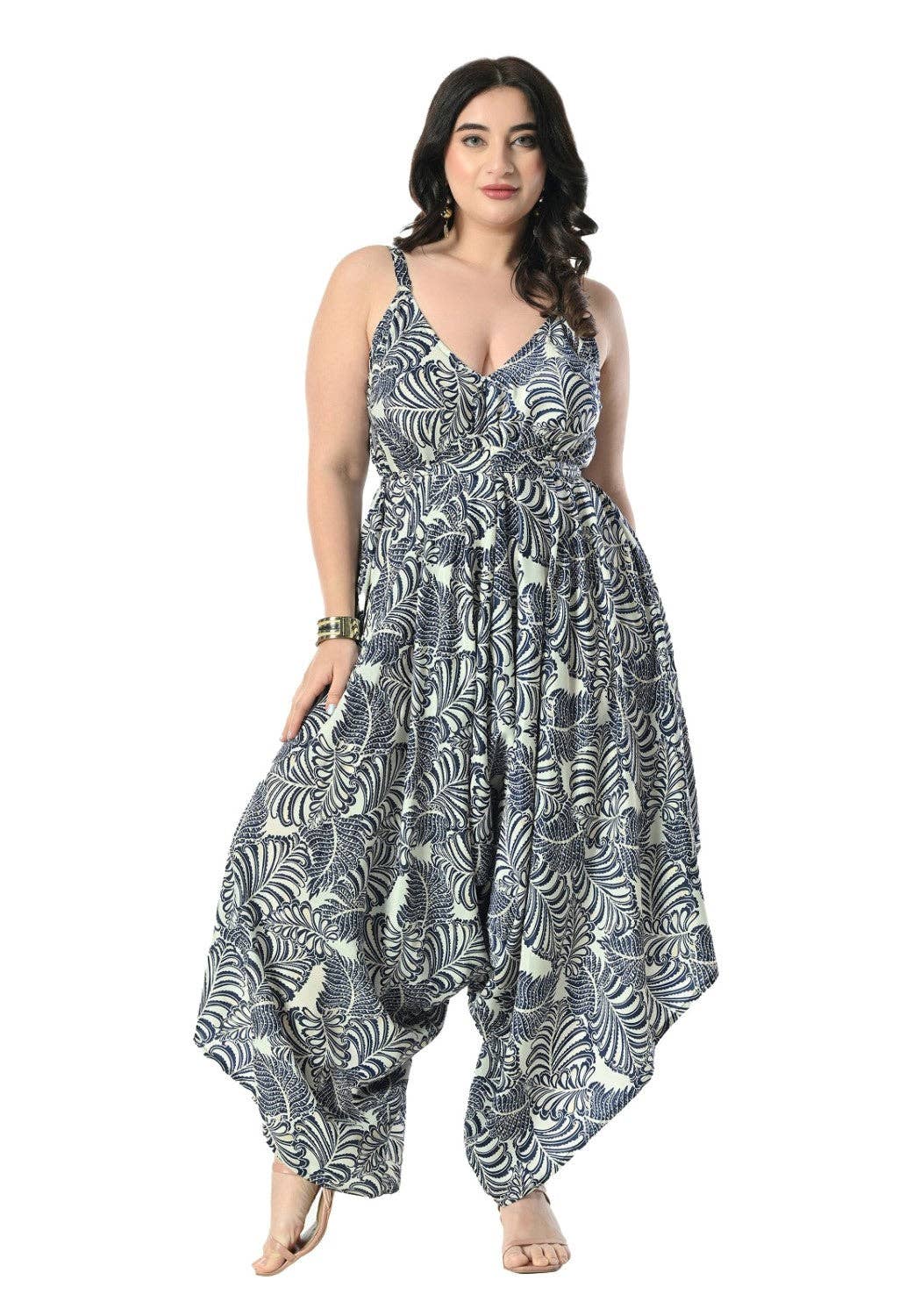 Women's Tropical Leaf Print Jumper – Asymmetrical Harem Jumpsuit Boho Style