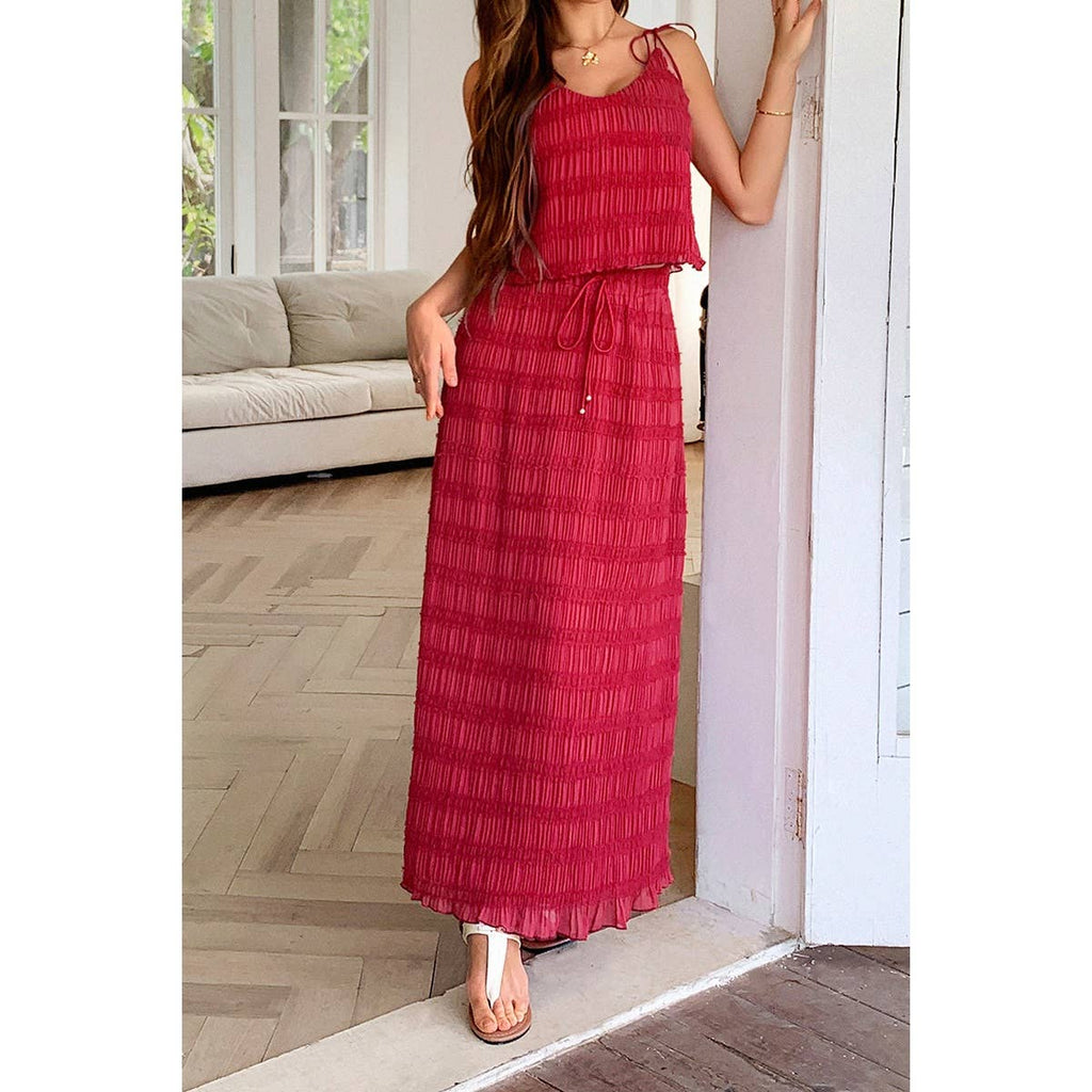 Solid Two Piece Strappy Maxi Skirt Crop Top Set