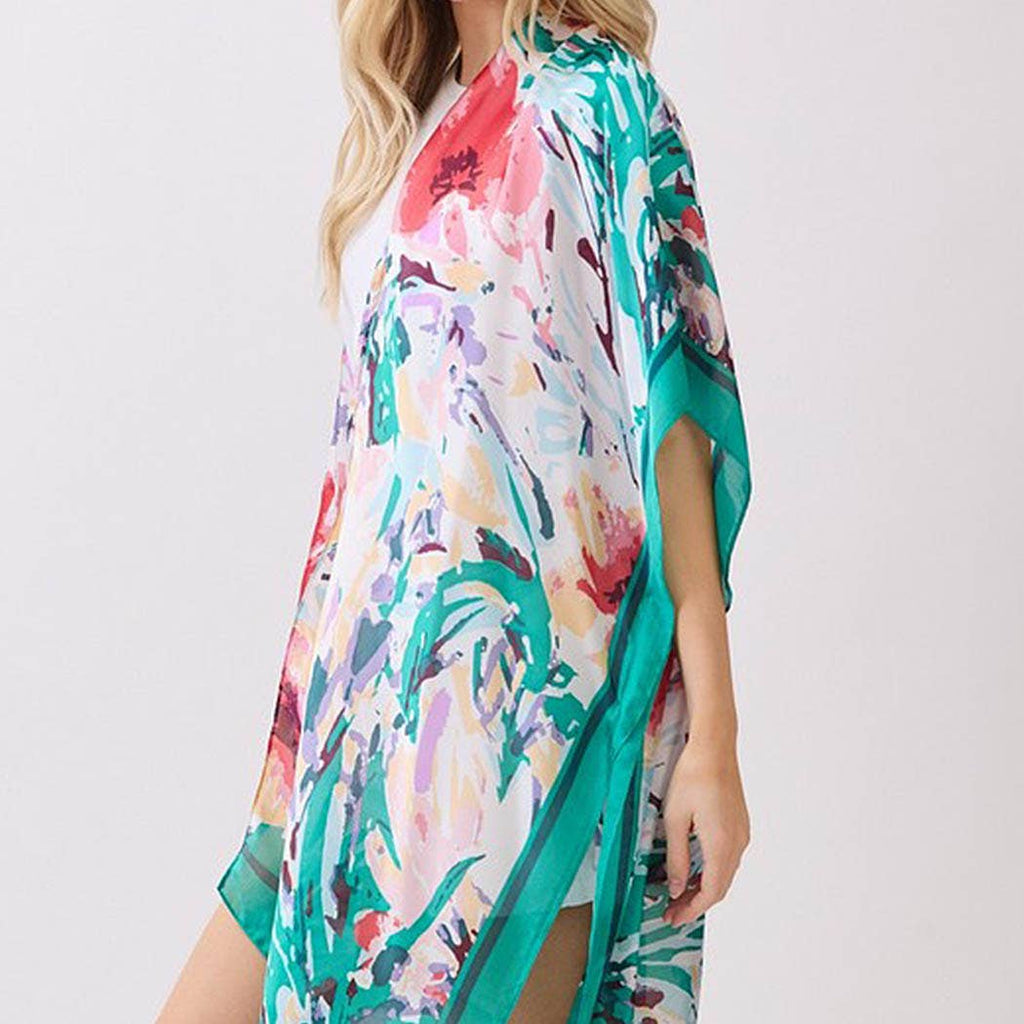 Abstract Floral Print Silky Feel Kimono