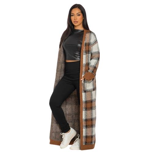 PLAID KNIT CARDIGAN BELTED
