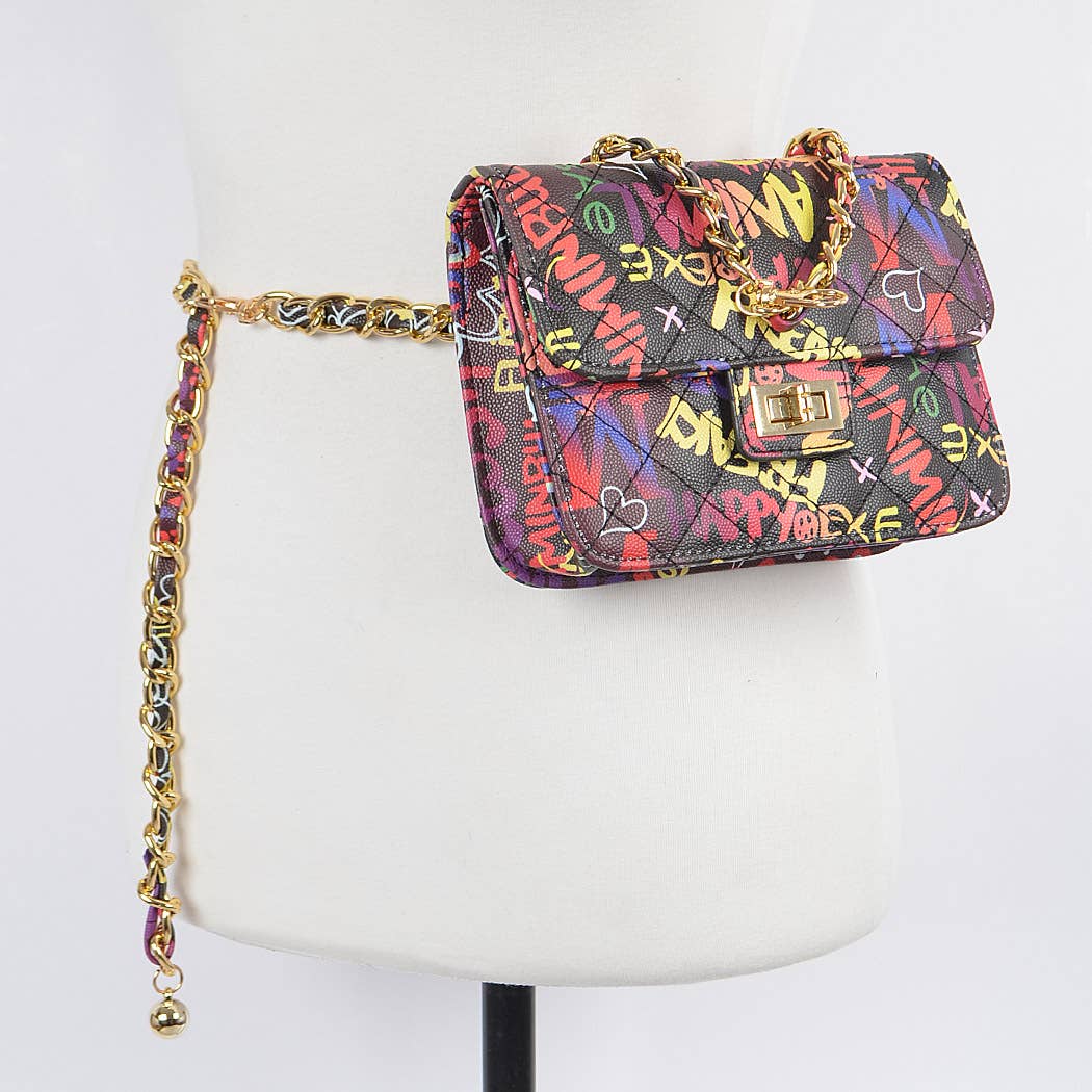 Graffiti Quilted Bag W/chain Belt