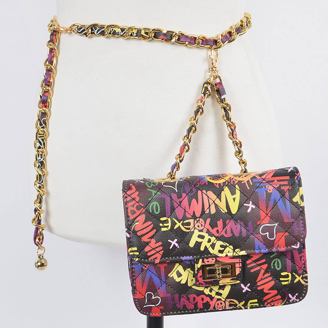 Graffiti Quilted Bag W/chain Belt