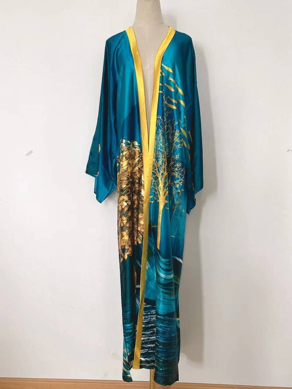 Satin Ethnic Multi Floral Printed Kimono 10 Colors