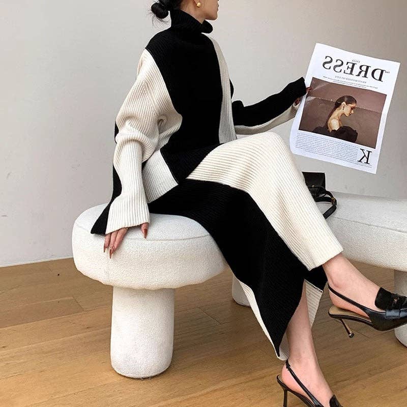 Fashionable Color-Blocking Sweater And Skirt Set