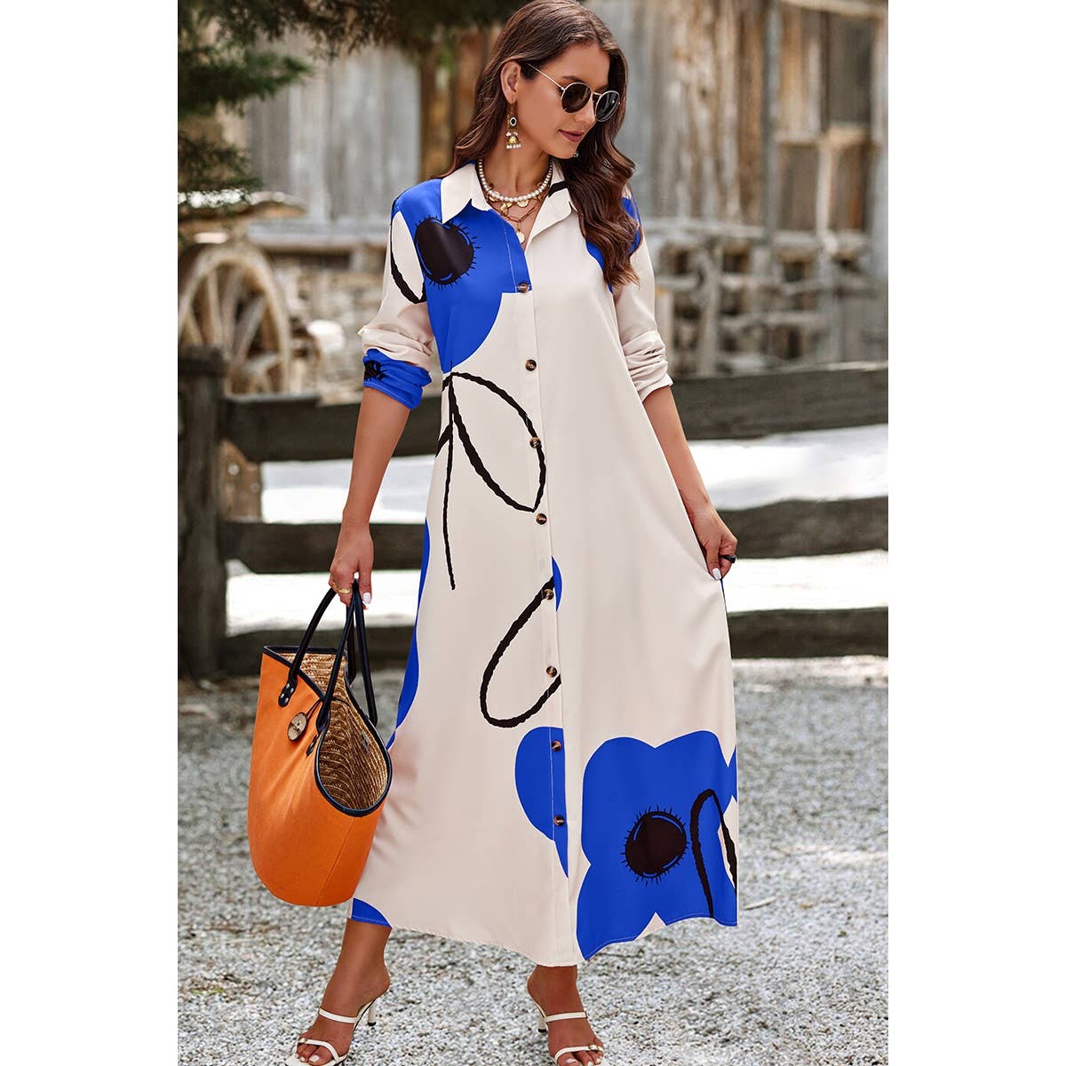 A Line Button Down Floral Print Loose Fit Dress