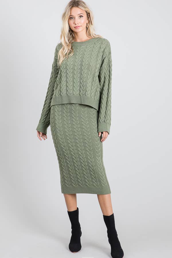 Chunky Cable Knit Sweater and Maxi Skirt Two Piece Set