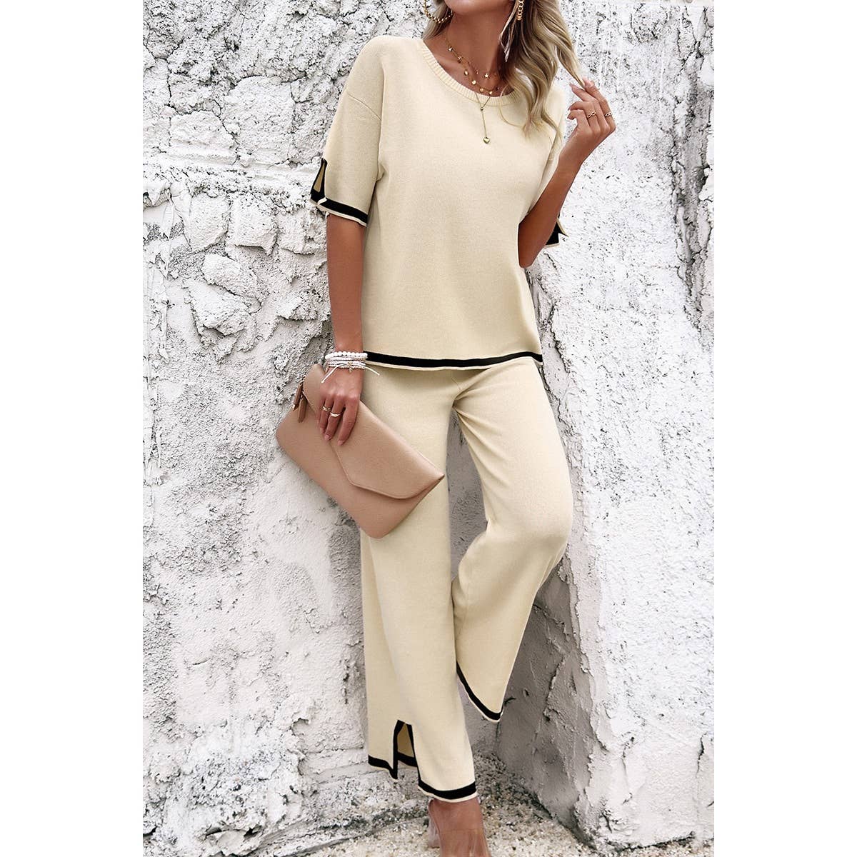 Two Pieces Outfits Knit Short Sleeve Wide Leg Lounge Sets