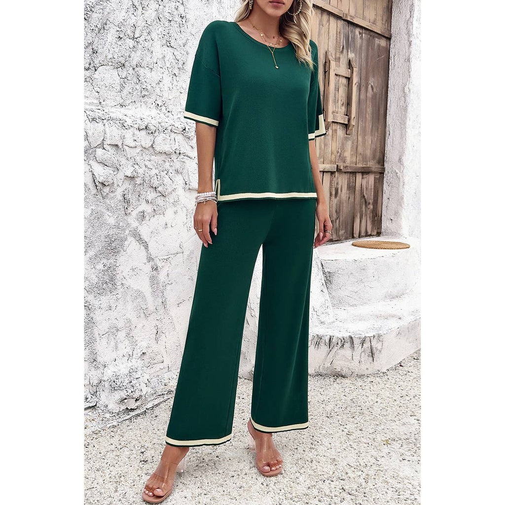 Two Pieces Outfits Knit Short Sleeve Wide Leg Lounge Sets
