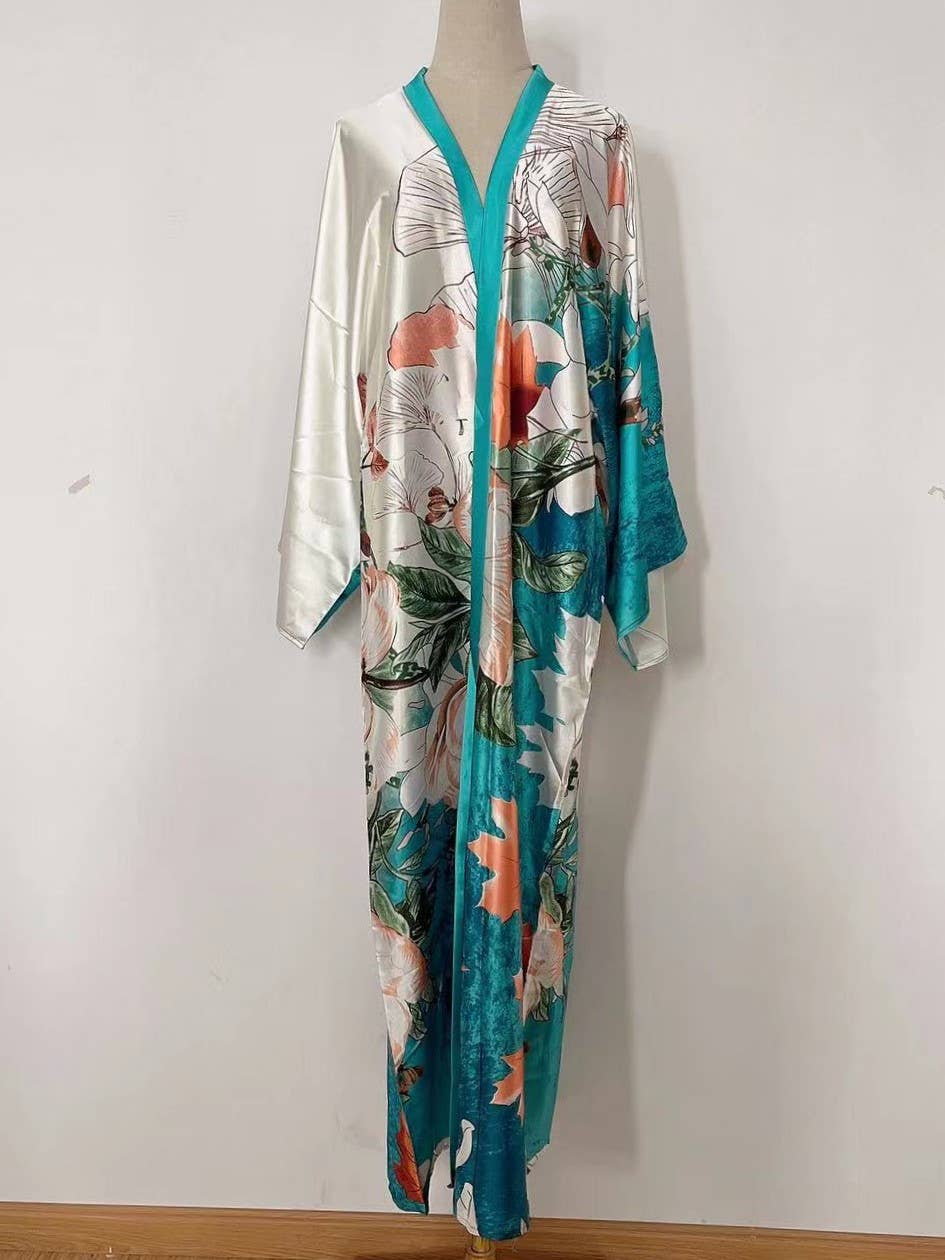 Satin Ethnic Multi Floral Printed Kimono 10 Colors