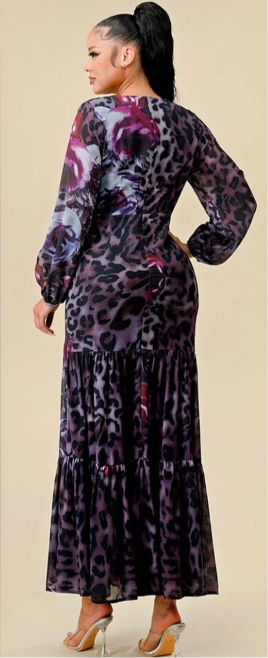 LONG SLEEVES V-NECK CUT OUT ANIMAL PRINT MAXI DRESS