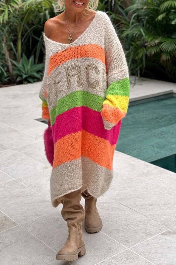 Peace Pattern Color Blocks Knit Midi Sweater Dress