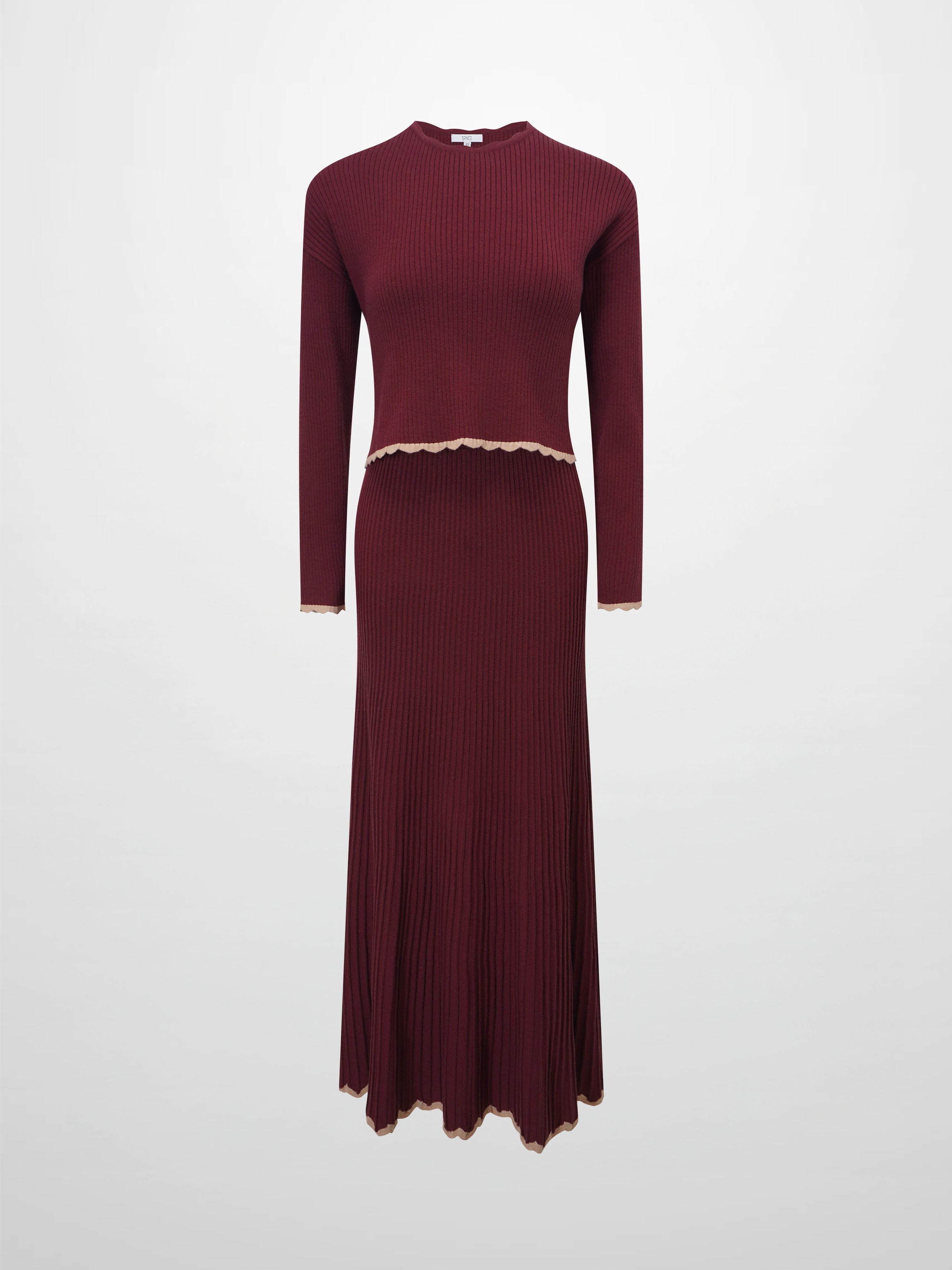 Knit Crop Sweater Dress Set-Burgundy/Pink