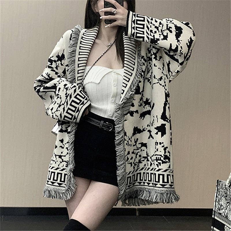 Color Block Retro Loose Embossed Tassel Knitted Cardigan