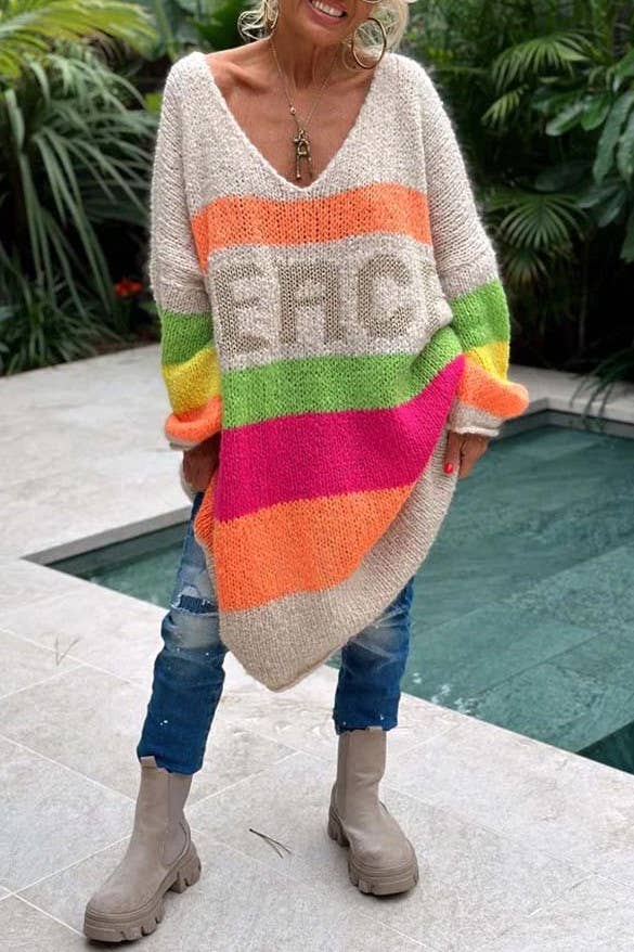 Peace Pattern Color Blocks Knit Midi Sweater Dress