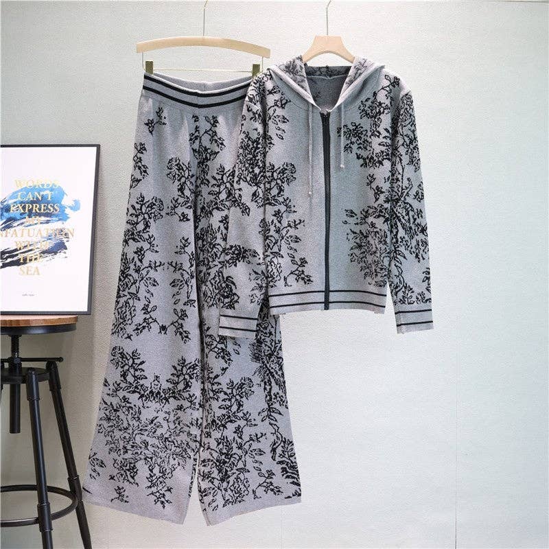 Ink Painting Jacquard Hooded Sweater And Wide Leg Pants Set