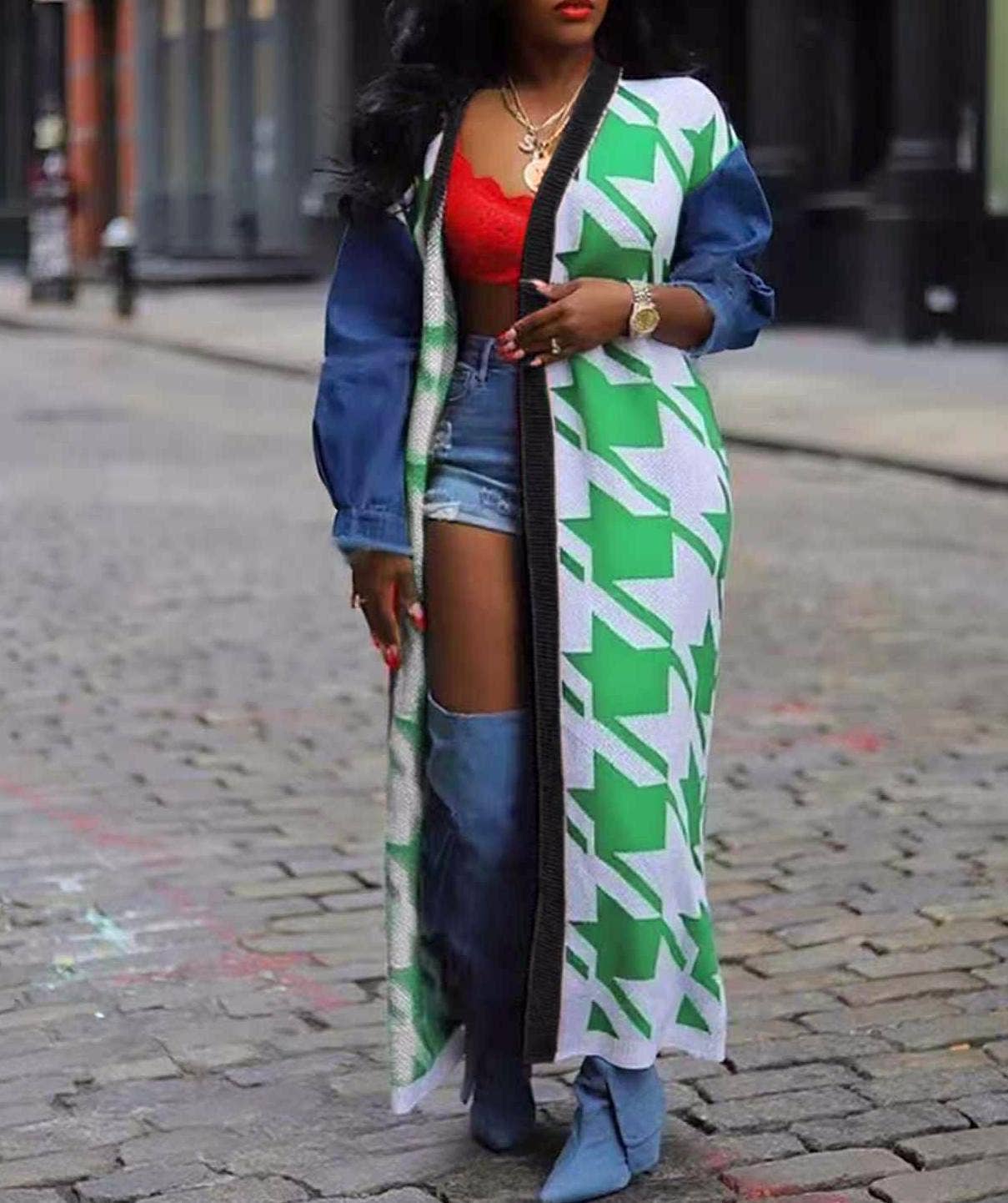 Houndstooth Pattern Denim Sleeve Spliced Long Cardigan