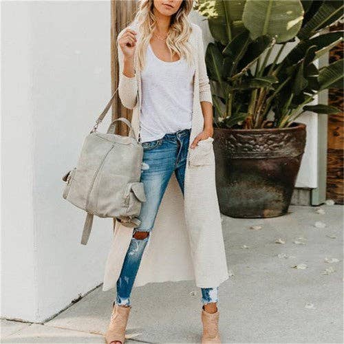 Solid Button Down Front Pocket Knitted Long Cardigan