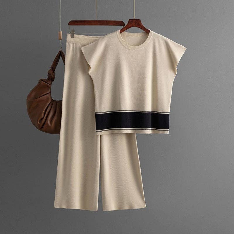 Knitted Colorblock Top Highwaist Wideleg Pants Set