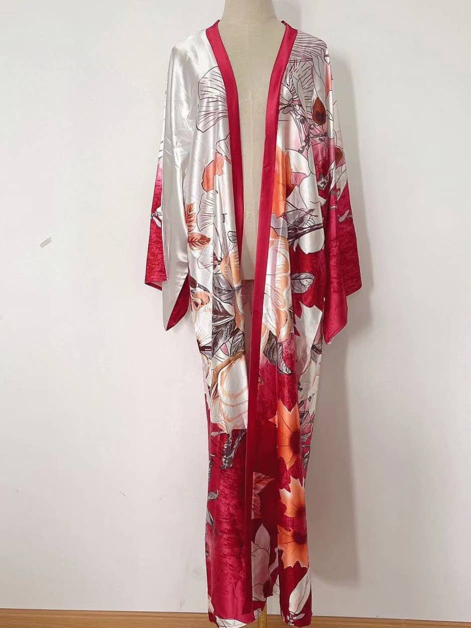 Satin Ethnic Multi Floral Printed Kimono 10 Colors