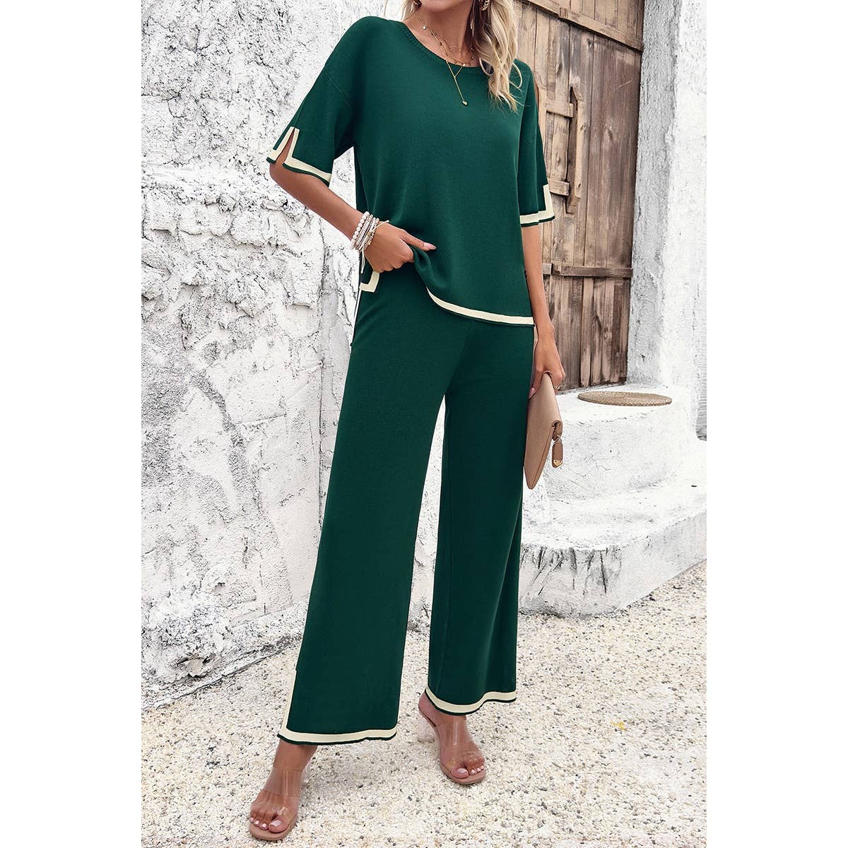 Two Pieces Outfits Knit Short Sleeve Wide Leg Lounge Sets