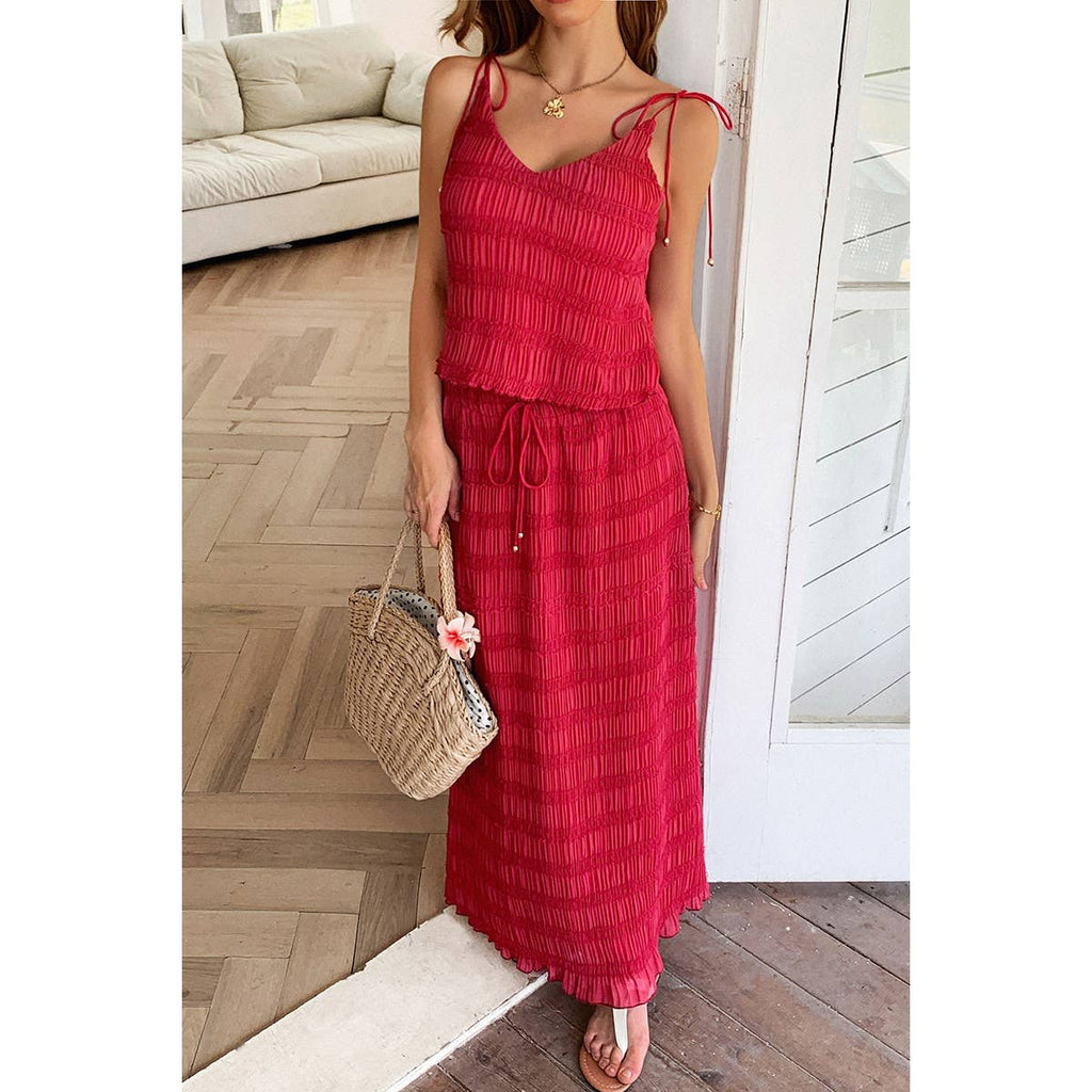 Solid Two Piece Strappy Maxi Skirt Crop Top Set