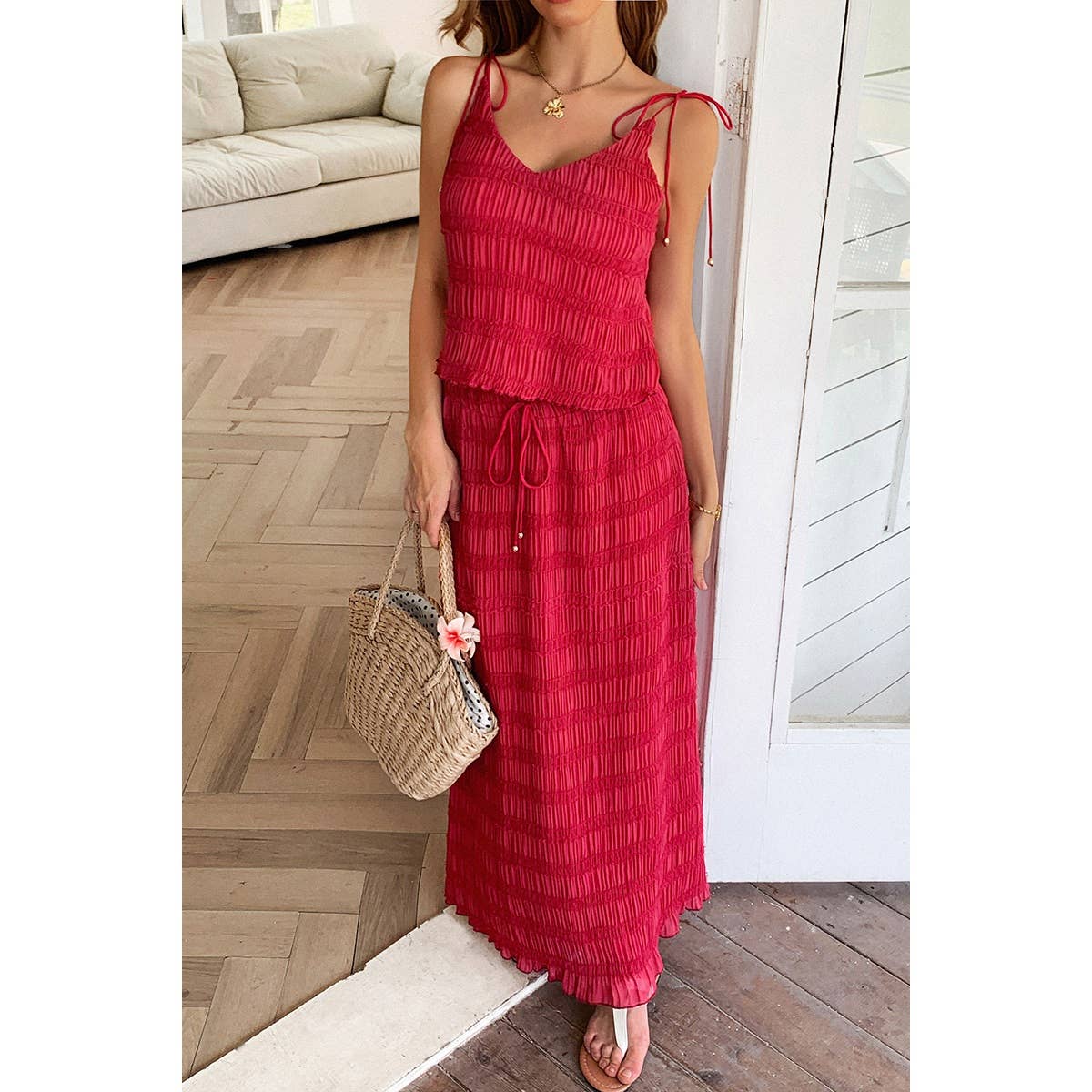 Solid Two Piece Strappy Maxi Skirt Crop Top Set