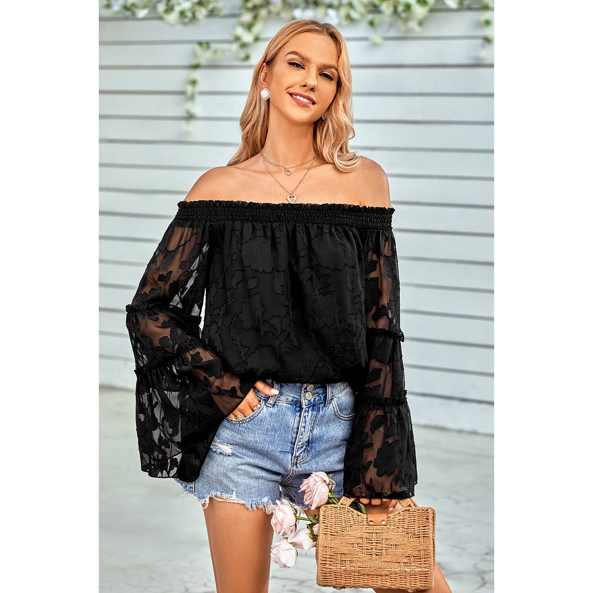 Solid Off Shoulder Flared Sleeve Flowy Blouse