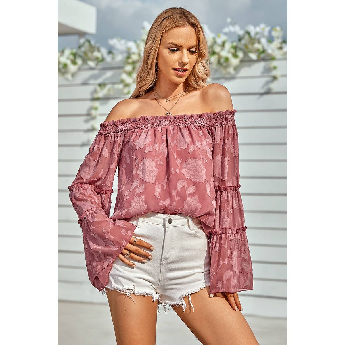 Solid Off Shoulder Flared Sleeve Flowy Blouse