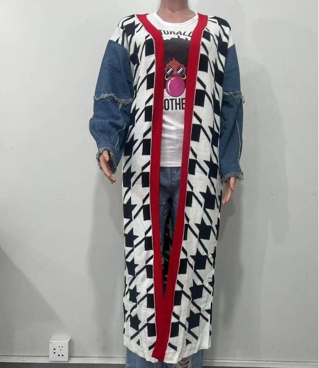 Houndstooth Pattern Denim Sleeve Spliced Long Cardigan