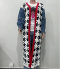 Houndstooth Pattern Denim Sleeve Spliced Long Cardigan