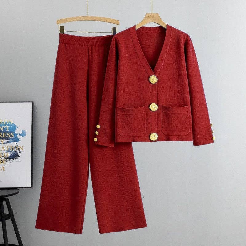 Solid Color Knit Cardigan And Wide Leg Pants Set