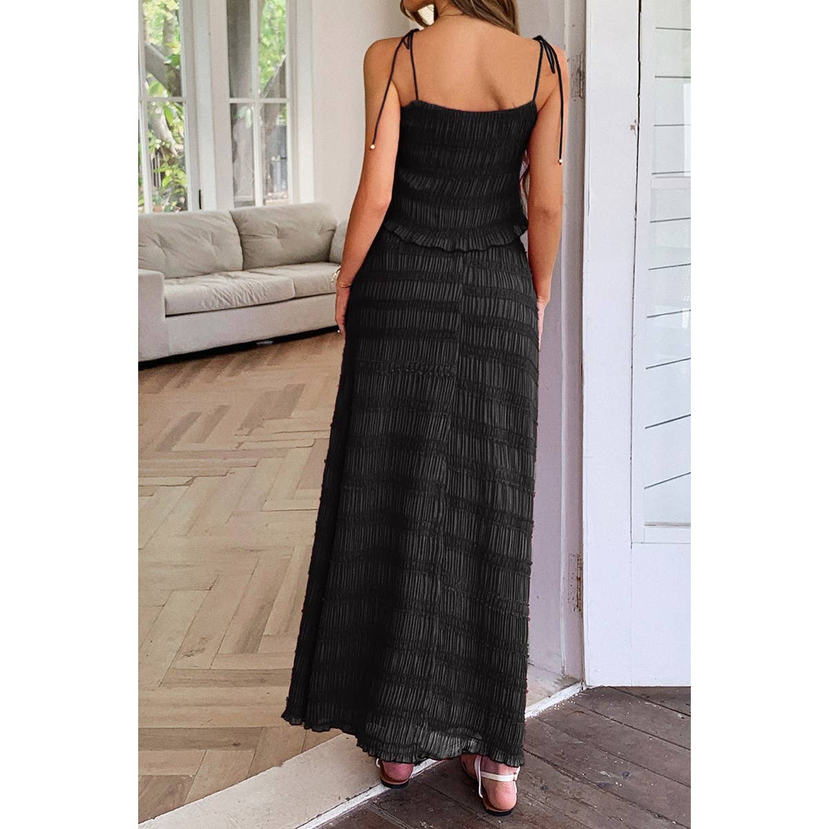 Solid Two Piece Strappy Maxi Skirt Crop Top Set